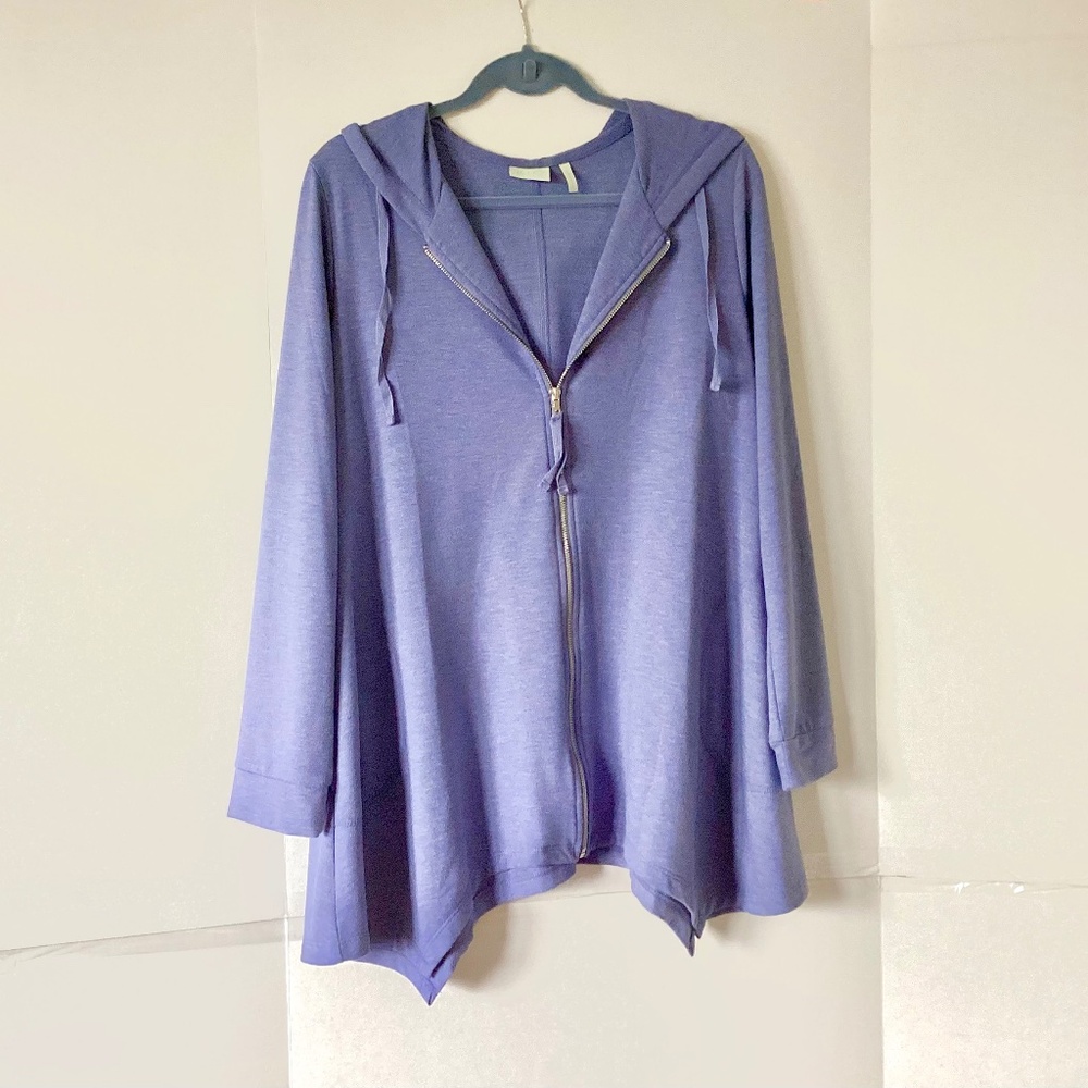 LOGO by Lori Goldstein French Terry Hooded Jacket. Large Heathered Periwinkle